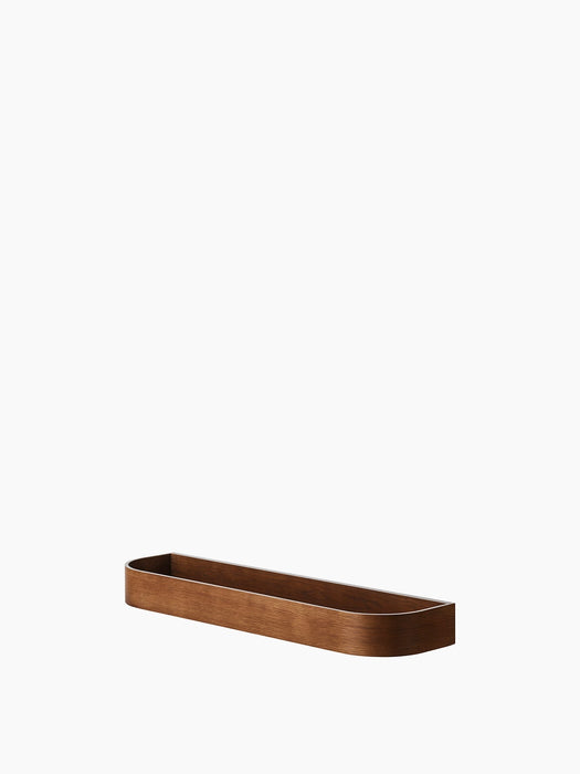 A high-angle view of the Epoch Shelf 79 in dark stained wood. The long, rounded shelf is shown against a white background.