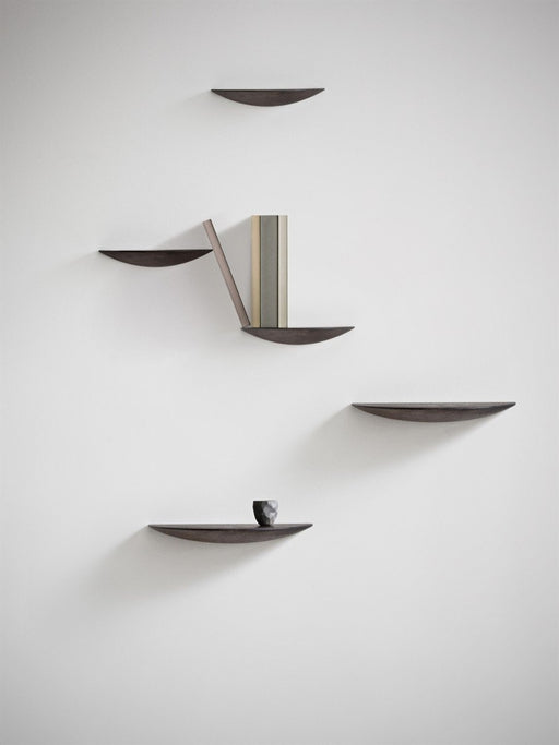 A group of five dark oak Gridy Fungi Shelves mounted on a white wall, styled with a book and a small ceramic cup.