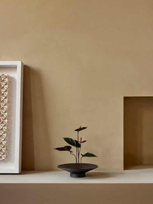A black Hana Vase with a small anthurium plant, displayed on a minimalist shelf next to framed art against a beige wall.