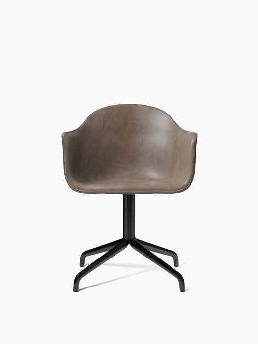Front view of the Harbour Dining Chair, featuring a curved, taupe leather shell on a black 4-star swivel base.