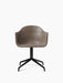 Front view of the Harbour Dining Chair, featuring a curved, taupe leather shell on a black 4-star swivel base.