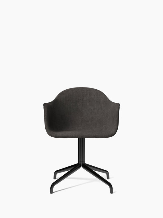 A front-facing Harbour Dining Chair with a dark grey upholstered shell and a black star swivel base, on a white background.