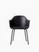 Front view of the Harbour Dining Chair, upholstered in black Dakar leather, with curved armrests and a black steel base.