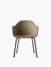 Front view of the Harbour Dining Chair. It has a beige upholstered shell with armrests and a slim, black steel base.