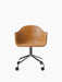 Front view of the Harbour Dining Chair with a light brown Dakar leather seat and a polished aluminium star base with casters.