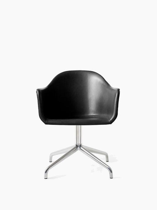 A front view of the Harbour Dining Chair, featuring a black leather shell and a polished aluminium star swivel base.