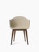 Front-on view of the Harbour Dining Chair featuring a beige bouclé upholstered shell and a dark stained oak wood base.
