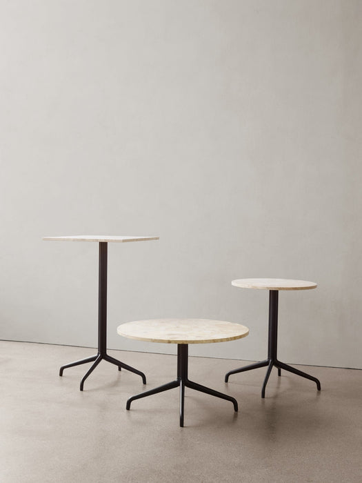 Three Harbour Column Tables in varying heights, including lounge, dining, and bar tables with marble tops and black bases.