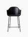 Front view of the Harbour Counter Chair with a black leather upholstered seat and a slim, black powder-coated steel base.