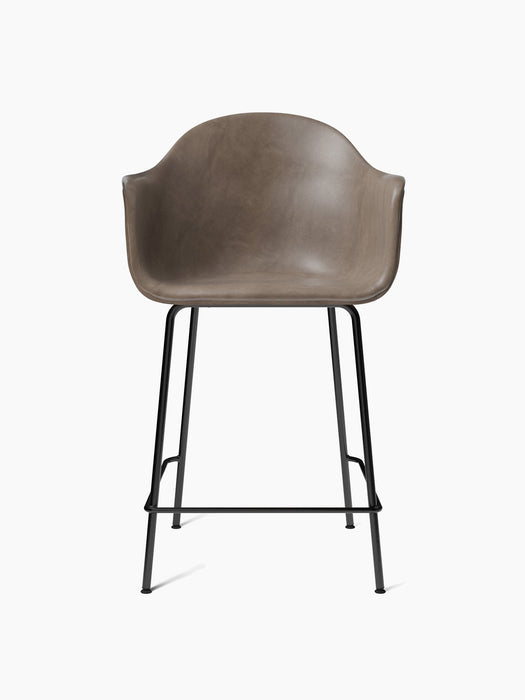 Front view of the Harbour Counter Chair, upholstered in taupe Dakar leather with a slender black powder-coated steel base.
