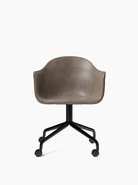 Harbour Dining Chair, Black Star Base w/Casters, shown from the front with taupe leather upholstery on a white background.