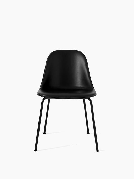 A front view of the Harbour Side Dining Chair, upholstered in black Dakar leather with a powder-coated black steel base.