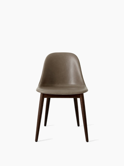Front view of the Harbour Side Dining Chair, featuring a taupe Dakar leather seat on a dark-stained oak wood base.