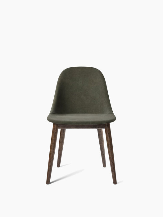 Front view of the Harbour Side Dining Chair with a dark green upholstered seat and dark stained oak wooden base.