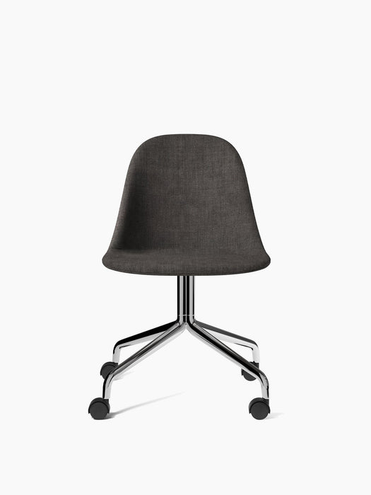 Front view of the Harbour Side Dining Chair with a dark grey upholstered seat on a polished aluminium star base with casters.