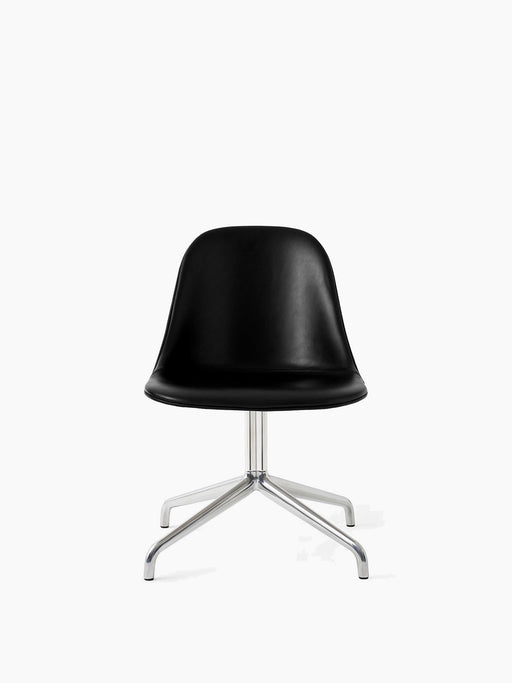 Front view of the Harbour Side Dining Chair with a black Dakar leather shell and a polished aluminium four-star swivel base.