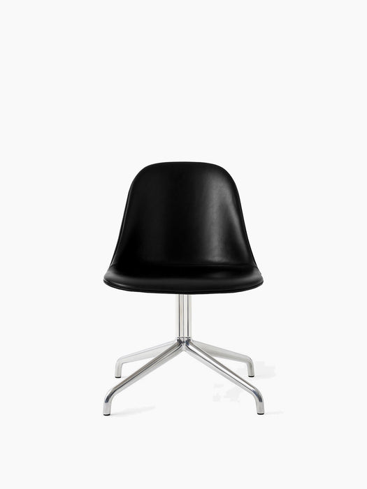 Front view of the Harbour Side Dining Chair with a black Dakar leather shell and a polished aluminium four-star swivel base.