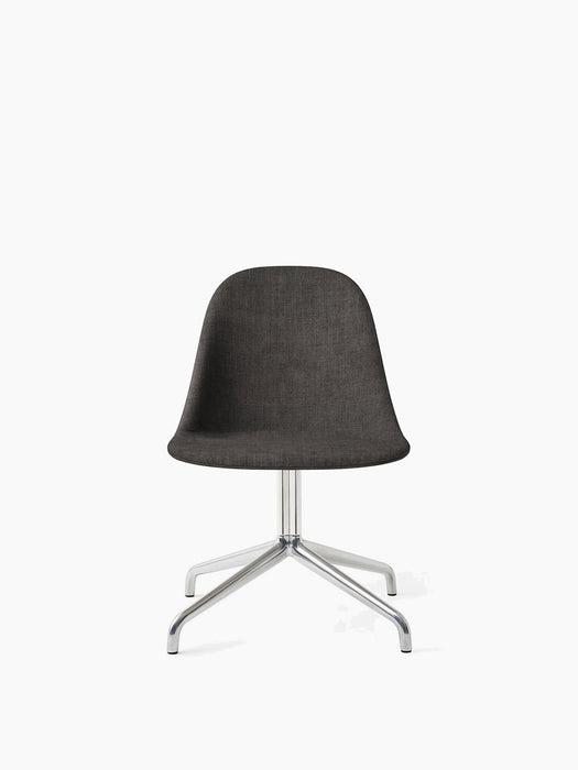 Front view of the Harbour Side Dining Chair with a dark grey upholstered shell and a polished aluminium swivel star base.