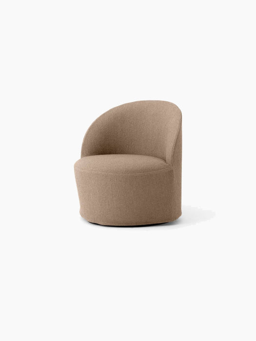 Angled view of the Tearoom Lounge Chair with Swivel, upholstered in light brown Logan Flint fabric on white background.
