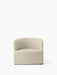 Front view of the Tearoom Lounge Chair, fully upholstered in a light beige Logan Jasmin fabric with a curved, low back.