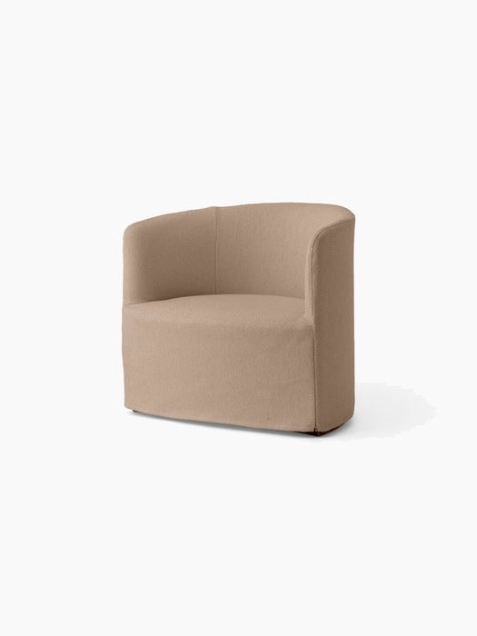 Angled view of the Tearoom Lounge Chair with a Loose Cover in textured Logan Flint fabric against a white background.