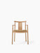 Front view of the Merkur Dining Chair w/Armrests. The chair has a natural oak frame and a seat upholstered in beige Bouclé.