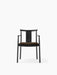 Studio photograph of the Merkur Dining Chair w/Armrests from the front, with a black oak frame and brown fabric seat.