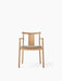 Front-facing Merkur Dining Chair with Armrests in natural oak, with curved T-shaped backrest and grey Hallingdal 200 seat.