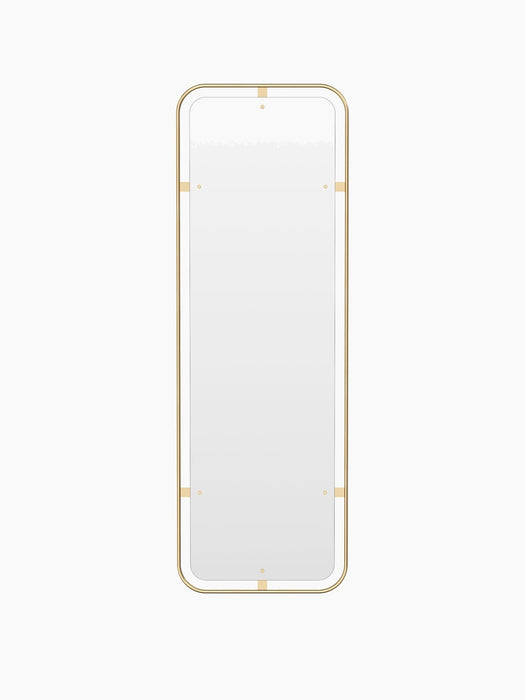 Front view of the Nimbus Rectangular Mirror in polished brass, showing its rounded corners and decorative frame details.