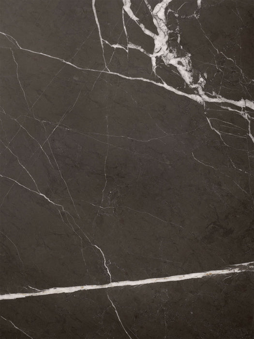 A close-up of the Plinth's brown-grey marble, showcasing its dark surface with contrasting thick and thin white veining.