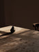 A single pear-shaped Sentiment Paper Weight on a rustic wooden table, with dramatic light from a window casting long shadows.