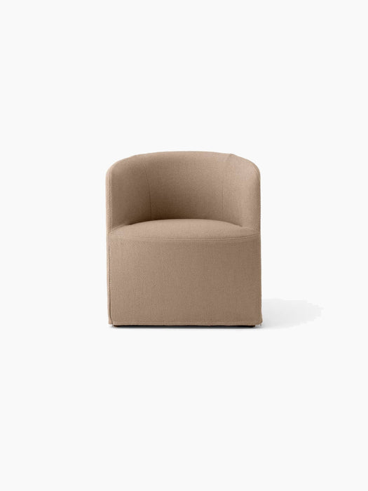 Front view of the Tearoom Club Chair with Loose Cover in Logan Flint fabric, with a low profile and curved backrest.