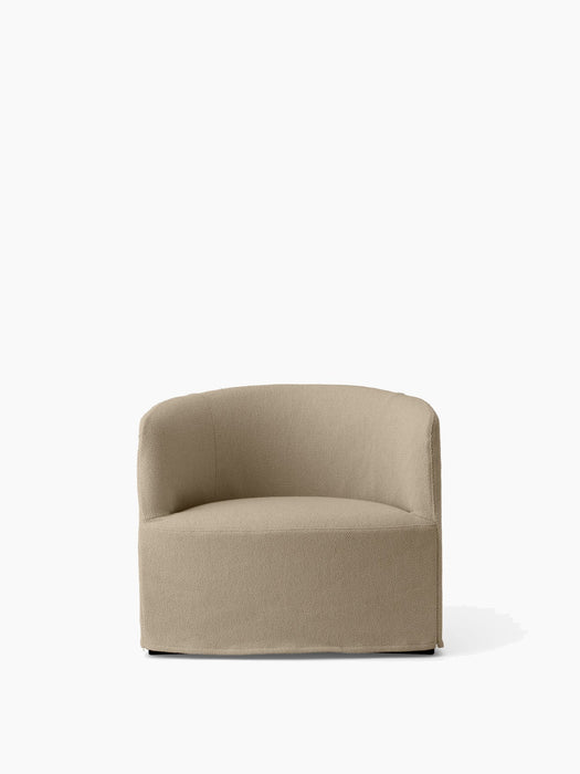 Front view of the Tearoom Lounge Chair with Loose Cover, upholstered in a textured, sandy-beige Logan Sand fabric.