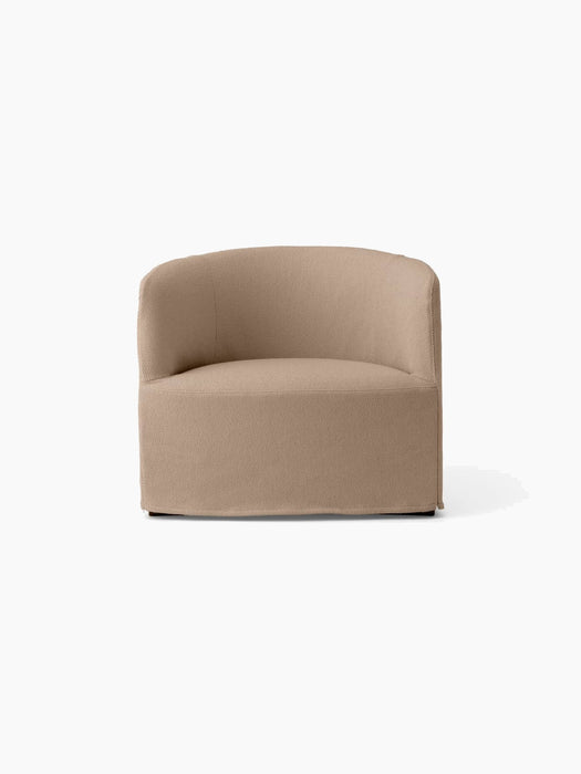 Front view of the Tearoom Lounge Chair with Loose Cover, upholstered in a textured, neutral Logan Flint fabric.