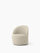 Angled view of the Tearoom Lounge Chair with Swivel and Loose Cover in a light-coloured Logan Jasmine bouclé fabric.
