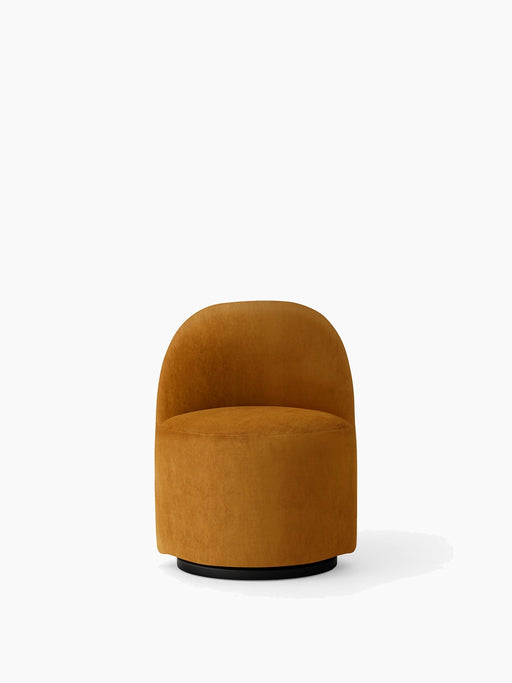 Front view of the Tearoom Club Chair with Swivel Return in mustard-yellow, featuring a low, curved back and a black base.