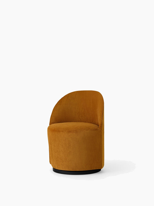 Tearoom Club Chair with Swivel Return in mustard yellow upholstery, featuring a curved back and a black swivel base.