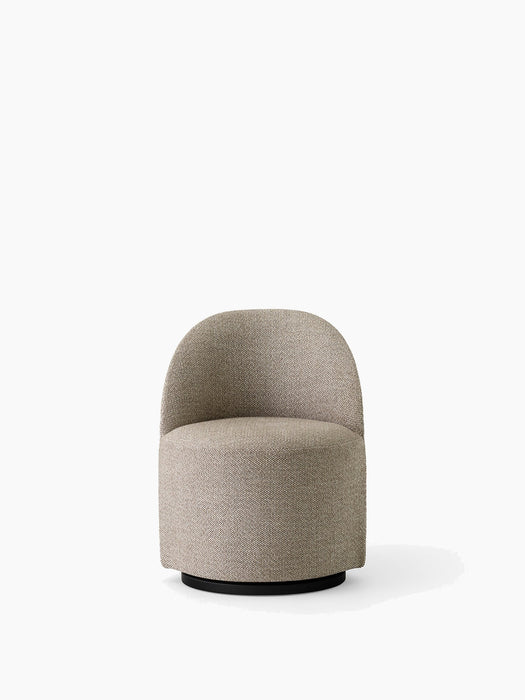 A front view of the Tearoom Club Chair, Swivel w/ Return, upholstered in textured beige Safire fabric on a black swivel base.