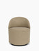 A front view of the beige upholstered Tearoom Club Chair, Swivel w/ Return, showing its curved back and black swivel base.
