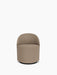 Front view of the Tearoom Club Chair, Swivel w/ Return, upholstered in a light brown textured fabric on a black swivel base.