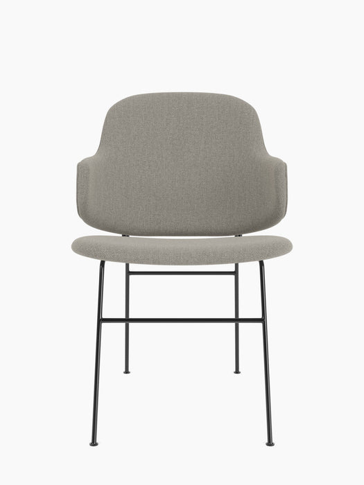 Front view of The Penguin Dining Chair, fully upholstered in a light grey fabric with a slender, black powder-coated frame.
