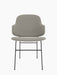 Front view of The Penguin Dining Chair, fully upholstered in a light grey fabric with a slender, black powder-coated frame.