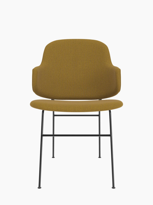 The Penguin Dining Chair, fully upholstered in mustard-yellow ReWool fabric, with a black metal frame, seen from the front.