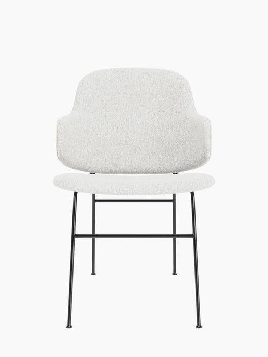 Front view of The Penguin Dining Chair, fully upholstered in light grey textured Hallingdal 65 fabric with black frame.