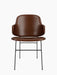 Front view of The Penguin Dining Chair, Fully Upholstered in rich brown leather with a sleek black steel frame.