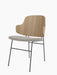 The Penguin Dining Chair, viewed at an angle, with a natural oak backrest, a light grey Re-Wool 218 seat and a black frame.