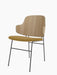 The Penguin Dining Chair shown at an angle, with a natural oak curved back, mustard yellow Re-Wool seat, and slim black legs.