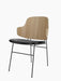 Angled view of The Penguin Dining Chair in natural oak with a black leather upholstered seat and a slender black metal frame.
