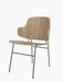 Angled view of the Penguin Dining Chair in natural oak, featuring a curved wooden back and seat on a slim, black metal frame.
