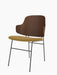 Angled view of The Penguin Dining Chair, with a walnut veneer backrest, a yellow Re-Wool seat, and a black metal frame.